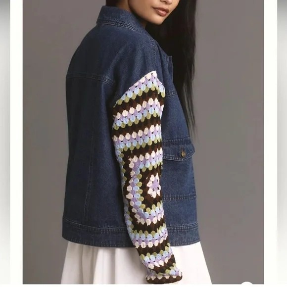 Anthropologie Crochet-Sleeve Denim Jacket Size Small